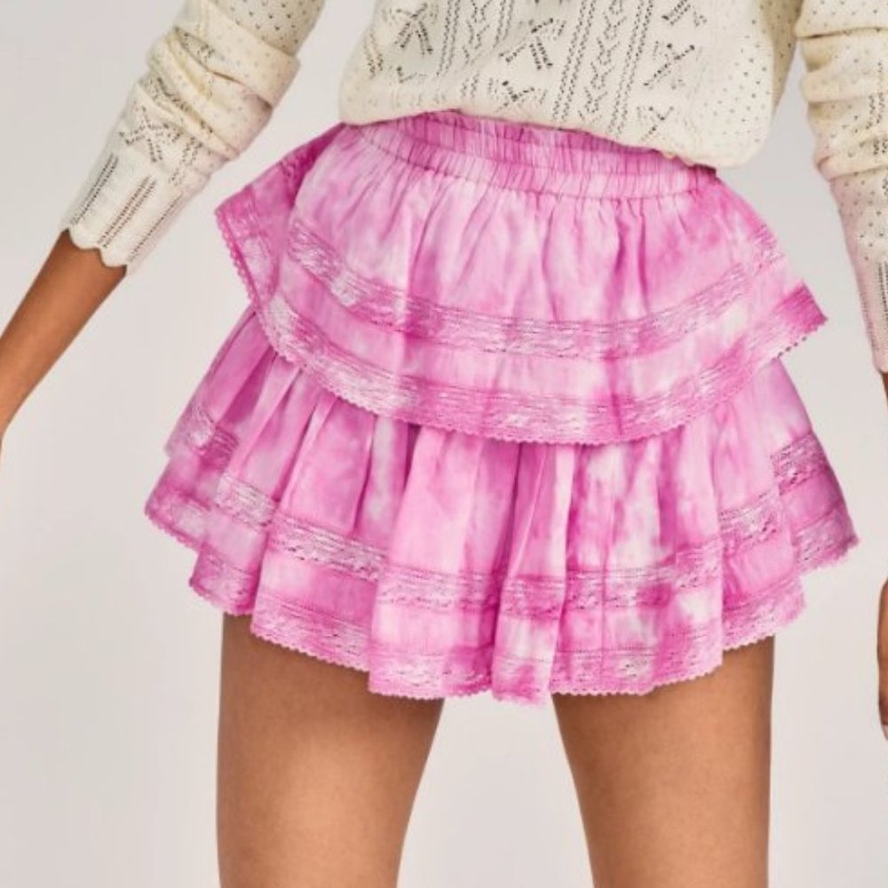 Loveshackfancy pink ruffle mini skirt cotton eyelet lace BEGONIA HAND DYE XS